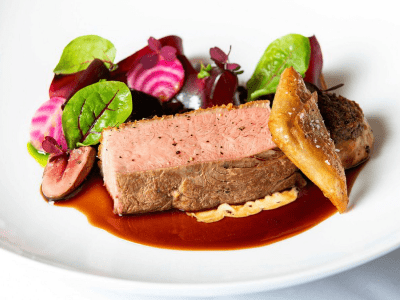 Duck breast, blackberry jus, vin jaune creamy sauce, variation of beetroots, duck hearts, minced duck