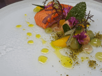 Trout, marinated cucumbers, pims gel, strawberry gel, oil